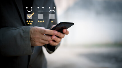 Customer SatisfShows Excellent Service Satisfaction.action Concept, encouragement and five-star satisfaction, Like and Rate Five Stars,