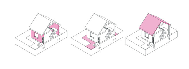 3D isometric house wireframe n section