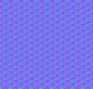 Cosmic colored Flower of Life pattern. 3D effect and textured background, created with normal mapping technique. Hexagonal arranged circles, generating a flower-petal like pattern. Sacred Geometry.