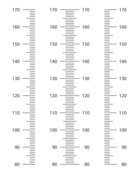 Stadiometer scale set from 80 to 170 cm. Kids height chart template for wall growth stickers isolated on white background. Vector graphic illustration.