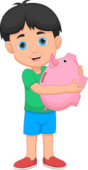 boy holding a piggy bank on white background