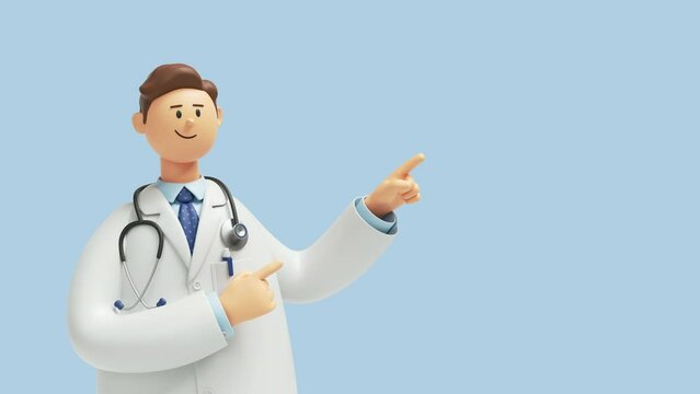 3d animation. Doctor cartoon character wearing stethoscope and pointing up, isolated on blue background. Professional consultation. Medical concept