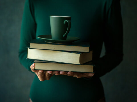 Girl in green holding few books and a cup of coffee