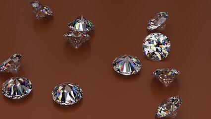 Shiny Diamonds on brown surface background. Concept image of luxury living, expensive things and high added value. 3D CG. High resolution.
