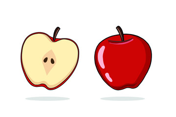 Vector Hand Drawn Fresh Red Apple. Whole and Half Apple Illustration. Vector Apples Illustration Isolated on White Background. Fruit with Green Leave. Sliced apple and whole. Education, healthy food.