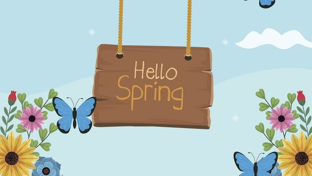 hello spring lettering in wooden label