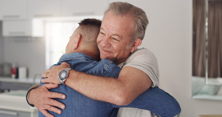 I missed you so much son. Shot of a father and son hugging. - obrazy, fototapety, plakaty