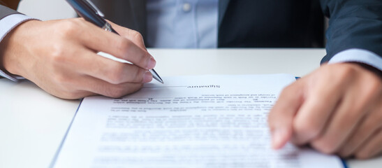 Businessman signing on contract documents after reading, man holding pen and approve on business report. Contract agreement, partnership and deal concepts