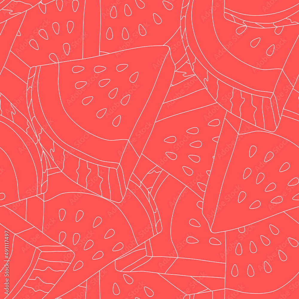 Poster vector seamless pattern with watermelon slices. colorful hand-drawn repeatable background. summer fr