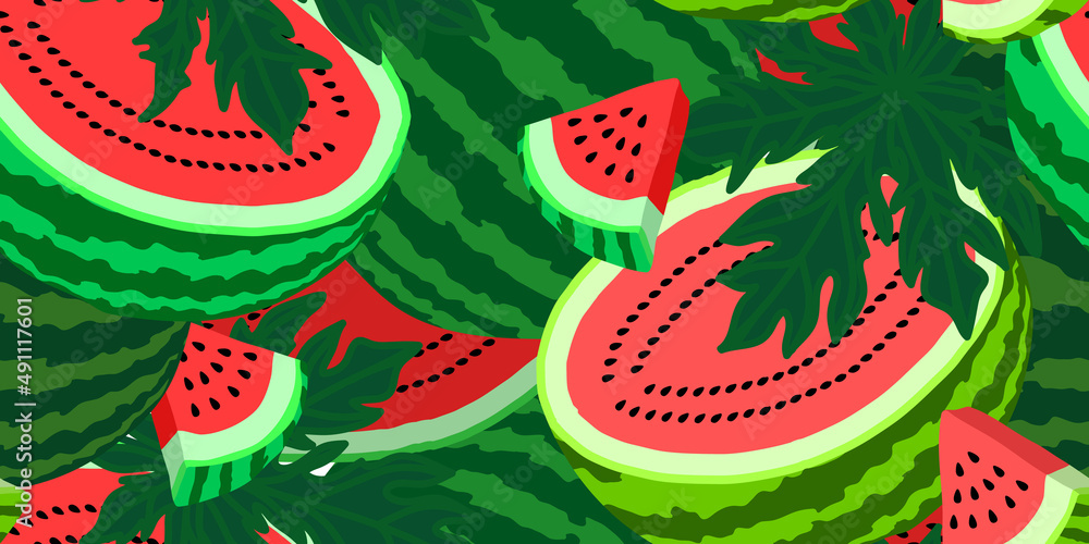 Poster vector seamless pattern with watermelon slices and leaves. colorful hand-drawn repeatable background