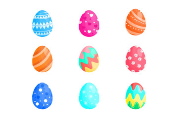 Happy Easter Day. Set of Easter eggs with different texture on white background. Easter poster and banner template greeting and present in flat design. Promotion and shopping for Good Friday holiday 