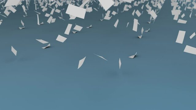 Flying sheets of white paper swirling in the air in a whirlwind. Scatter documents or empty blanks. Mess in the office. Throwing paperwork in the air on the greenscreen 3D render + alpha channel