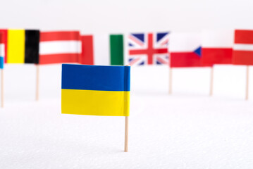 Flag of Ukraine on the background of the flags of the European Union.