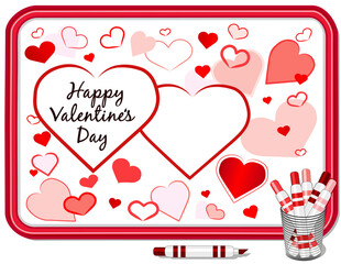 Happy Valentine's Day greetings, hearts background pattern, copy space for your special message on red frame whiteboard, multi-color marker pens in desk organizer.  