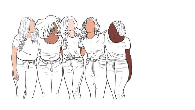 4K Animated Hand Drawn Group of Women. International Women's Day motion banner, poster, card. Diverse women standing together for feminism, freedom, independence, empowerment, women rights, equality.