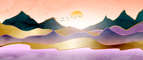 Abstract landscape art banner with mountains and hills. Vector luxury background for decor, wallpaper, print