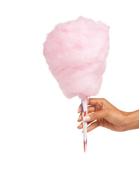 Fancy some cotton candy. Cropped image of a woman holding some delicious candy floss while isolated...