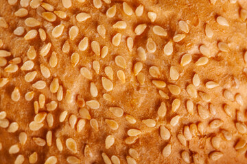 Close up abstract burger bun with sesame seeds texture background..