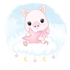 Cute Little Pig sitting on the cloud, cartoon illustration