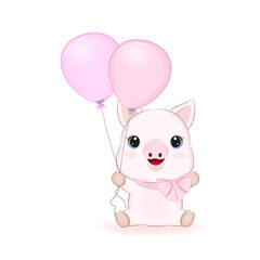 Cute Little Pig and balloons, cartoon illustration