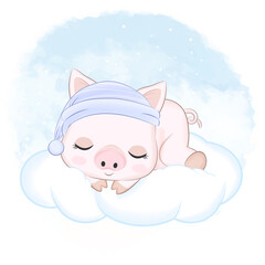 Cute Little Pig sleeping on the cloud, cartoon illustration
