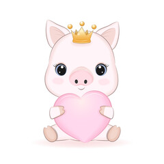 Cute Little Pig and Pink Heart, cartoon illustration