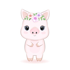 Fototapeta premium Cute Little Pig with flora, cartoon illustration