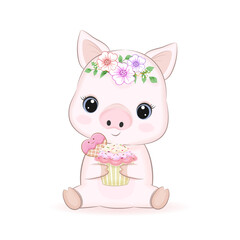 Cute Little Pig and Cupcake, cartoon illustration