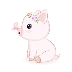 Cute Little Pig and Butterfly, cartoon illustration