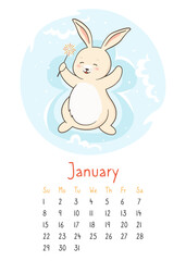 Calendar 2023 with rabbit, january page planner organizer. Bunny snow angel. Childish character mascot symbol xmas new year. Flat cartoon drawing template, joyful hare pet month poster vector