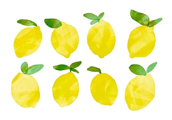 水彩画。水彩画のレモンイラスト。葉っぱつきレモンのイラスト。Watercolor painting. Watercolor lemon illustration. Illustration of lemon with leaves.