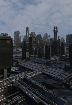 Future City - Industrial Zone, 3d digitally rendered science fiction illustration