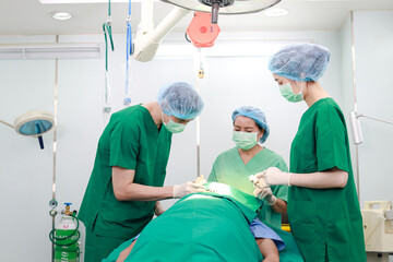Asian professional surgeon team Operate on a patient lying on a bed in an operating room in a...