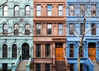 Exterior view of colorful old buildings in the Upper West Side neighborhood of Manhattan in New York City - obrazy, fototapety, plakaty
