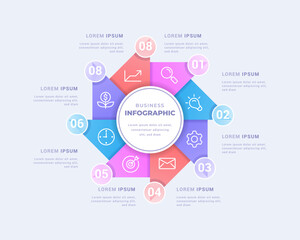 Modern business visualization concept circular diagram infographic template with eight steps or option. glassmorphism style. creative concept design