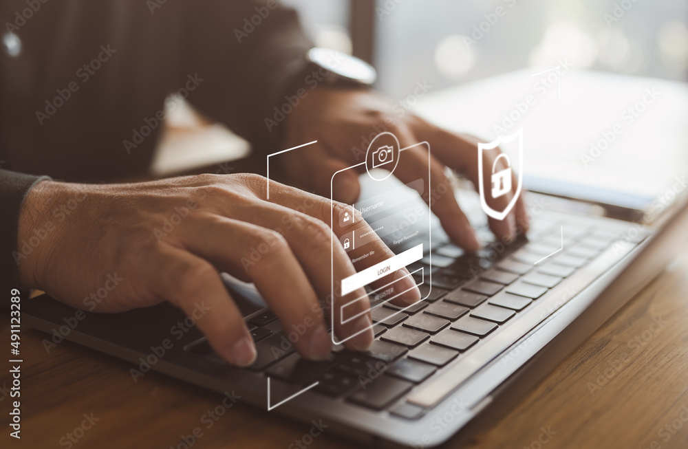 Aufkleber Cybersecurity and privacy concepts to protect data. Lock icon and internet network security technology. Businessmen protecting personal data on laptop by virtual interfaces.