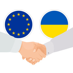 Uścisk dłoni. Współpraca Unii Europejskiej i Ukrainy. Międzynarodowe działania sojusznicze. Symbol pokoju i pomocy. Stop wojnie i przemocy. Wsparcie dla Ukrainy.