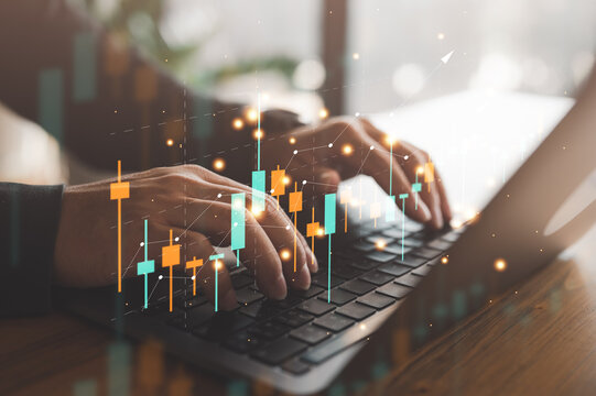 business finance technology and investment concept. Stock Market Investments Funds and Digital Assets. businessmen or trader analyzing forex trading graph financial data, candlestick chart indicator.
