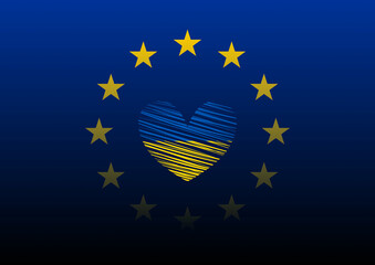 Serce pomalowane w barwy Ukraińskiej flagi na tle flagi Uni Europejskiej. Międzynarodowa współpraca. Stop wojnie. Wsparcie dla Ukrainy. Ilustracja wektorowa niebieska i żółta. - obrazy, fototapety, plakaty