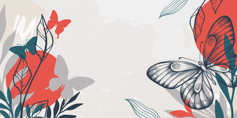 Abstract art floral background. hand draw outline butterfly with leaves and circle shapes. Vector background for wall decoration, banner, postcard, poster or brochure