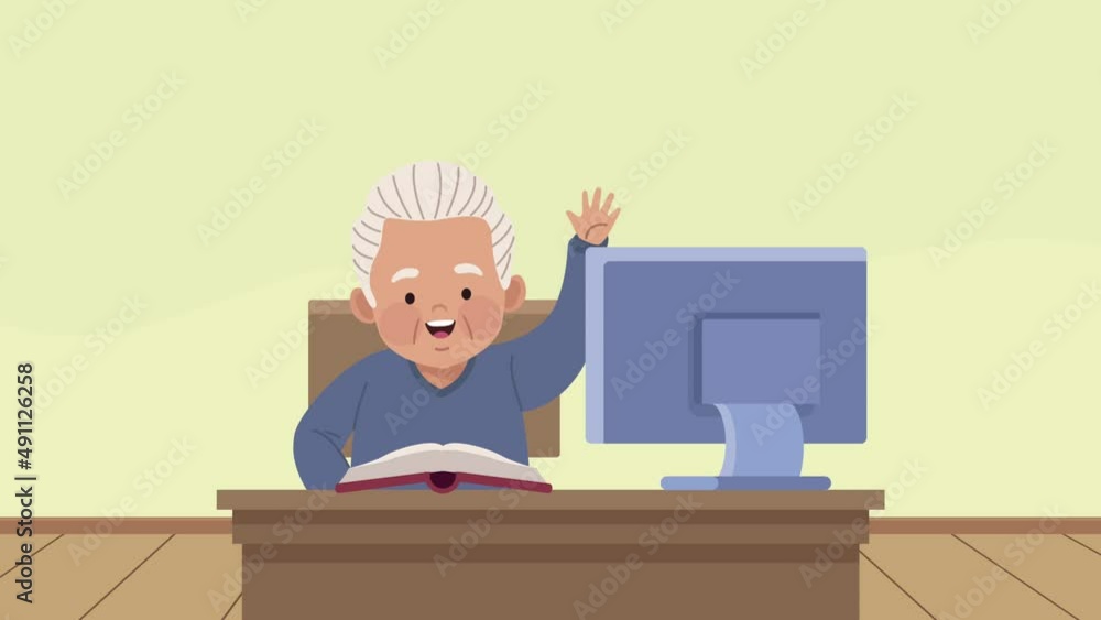 Poster old man studing with desktop animation