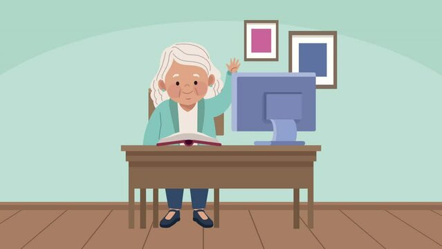 old woman studing with desktop animation