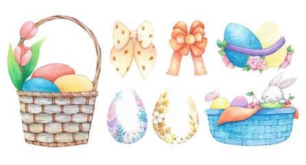 Set of Easter watercolor. Hand drawn watercolor illustrations.