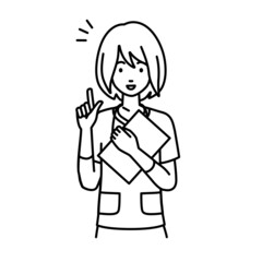 立って書類を手に持って何かひらめいた看護師の女性