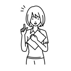 立って書類を手に持って何かひらめいたポロシャツの女性