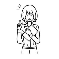 立って書類を手に持って何かひらめいたブラウスの女性