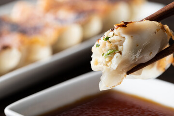 肉汁たっぷりの餃子のアップ