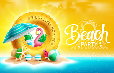 Summer beach party vector design. Beach party text in miniature island with floater, umbrella and flamingo elements for sunny tropical season fun event. Vector illustration.
 - obrazy, fototapety, plakaty