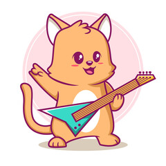 cute cat play guitar cartoon illustration