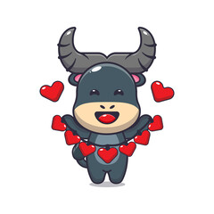 cute buffalo mascot cartoon character illustration in valentine day